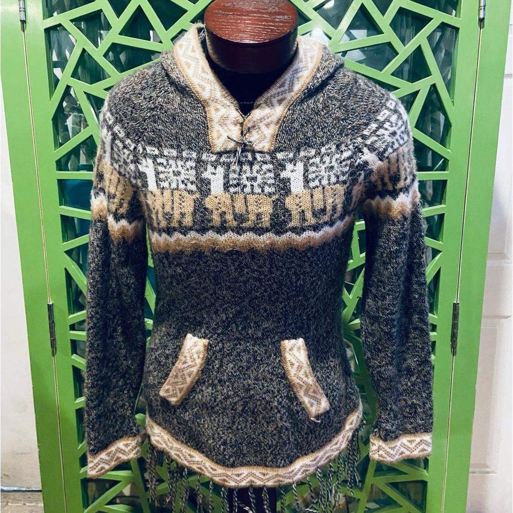 Genuine Peruvian Alpaca Wool Vintage Hooded Sweater w/ Fringe